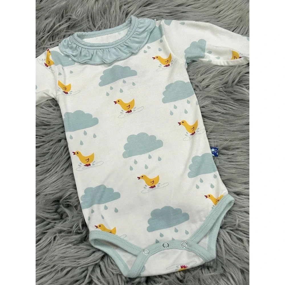 Kickee Pants‎ Bamboo Natural Puddle Duck Print Ruffled Bodysuit Size 3-6 Month
